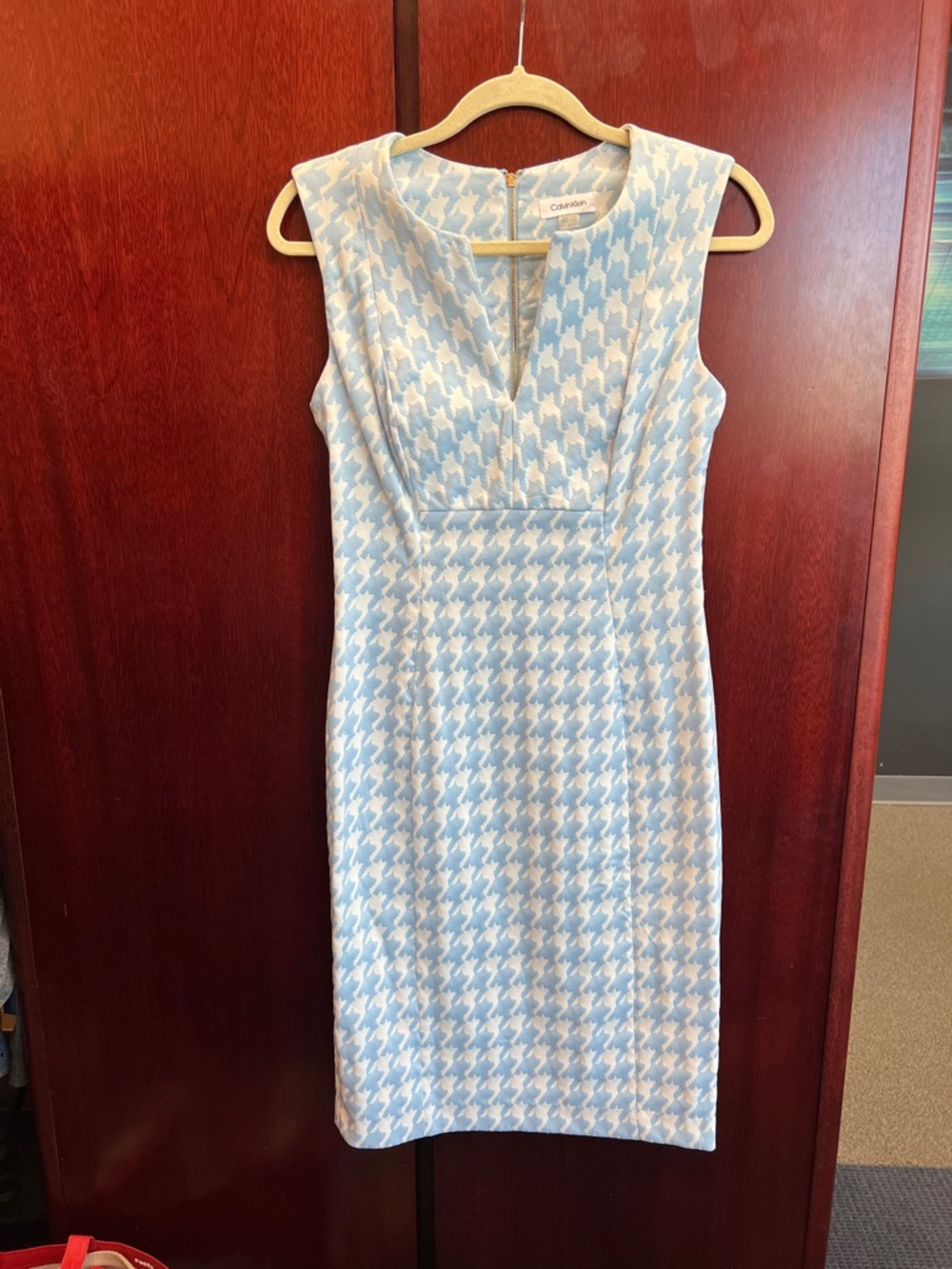 Calvin Klein Sky Blue & White Houndstooth Midi Sheath Dress